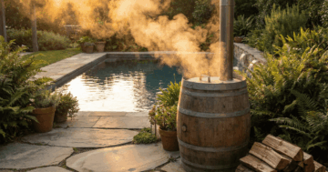 Pool mit Holz heizen – dampfender Außenpool mit holzbefeuerter Poolheizung im Garten