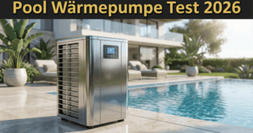 Moderne Pool-Wärmepumpe aus Edelstahl am Gartenpool – energieeffiziente Poolheizung im Pool Wärmepumpe Test 2026
