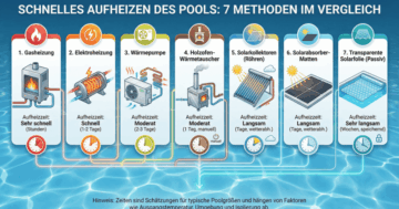 Pool schnell aufheizen - Vergleich von 7 Poolheizungen mit Aufheizzeit: Gas, Elektro, Wärmepumpe, Solar und Holzofen